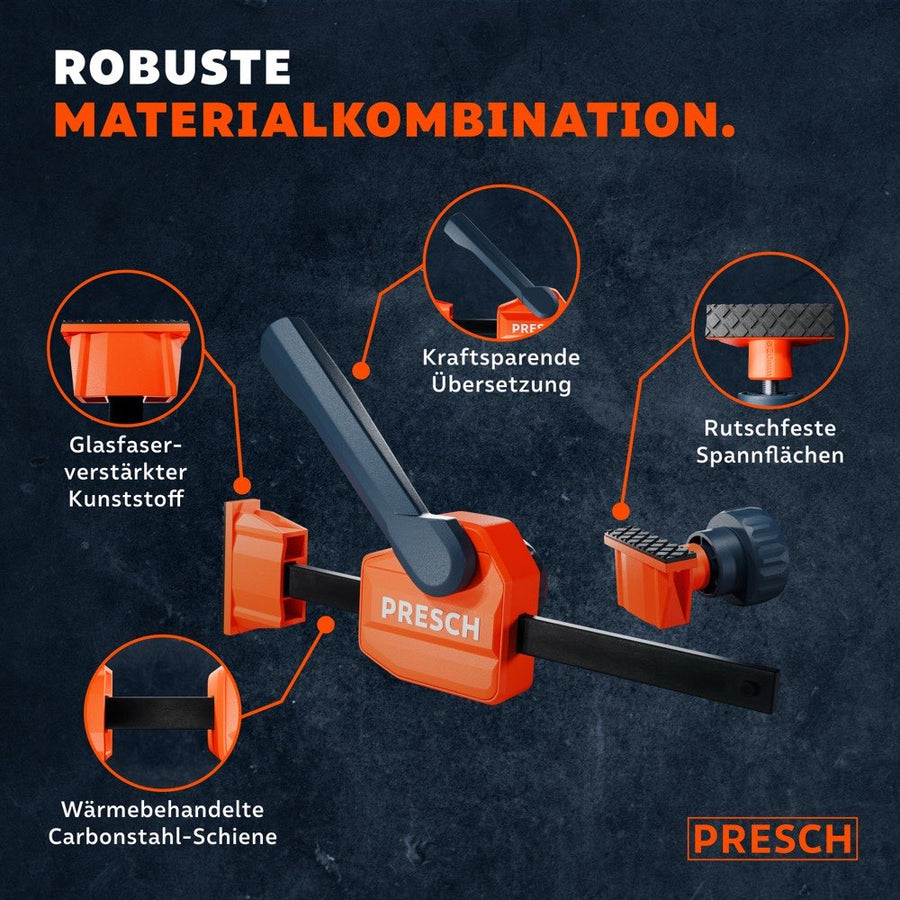 L'image montre du plastique renforcé de fibres de verre, un rail en acier carbone et des surfaces de serrage antidérapantes en détail.