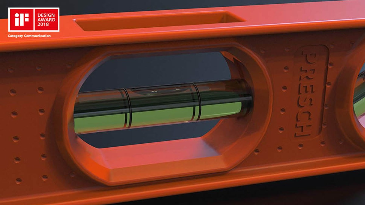 PRESCH Wasserwaage mit Libelle und Nivellierinstrument in Nahaufnahme, ausgezeichnet mit iF DESIGN AWARD 2018