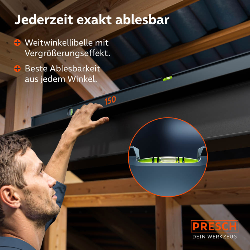 PRESCH Wasserwaage magnetisch 150cm mit Weitwinkellibelle für ideale Ablesbarkeit