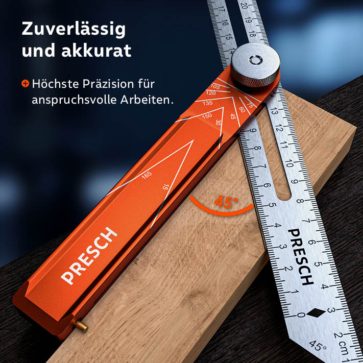 PRESCH Winkelschmiege für präzise Winkelmessung und Anzeichnen, höchste Genauigkeit mit zusätzlicher Maßskala.