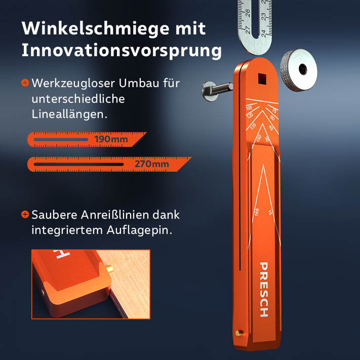 PRESCH Winkelschmiege mit innovativen Einstellungsmöglichkeiten und Werkzeug zum exakten Anzeichnen..