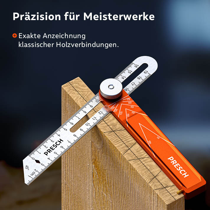 PRESCH Hoekbijlage op hout voor nauwkeurige markering en meting, instrument voor hoekbepaling.