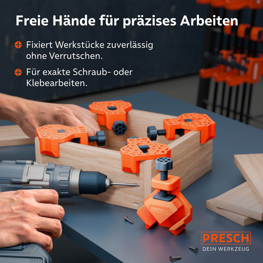 Montage-Szene: Während die Winkelspanner eine Holzbox stabil zusammenhalten, wird ein Akkuschrauber zum Verschrauben der Seitenwände genutzt. Verhindert Verrutschen bei exakten Klebe- oder Schraubarbeiten.