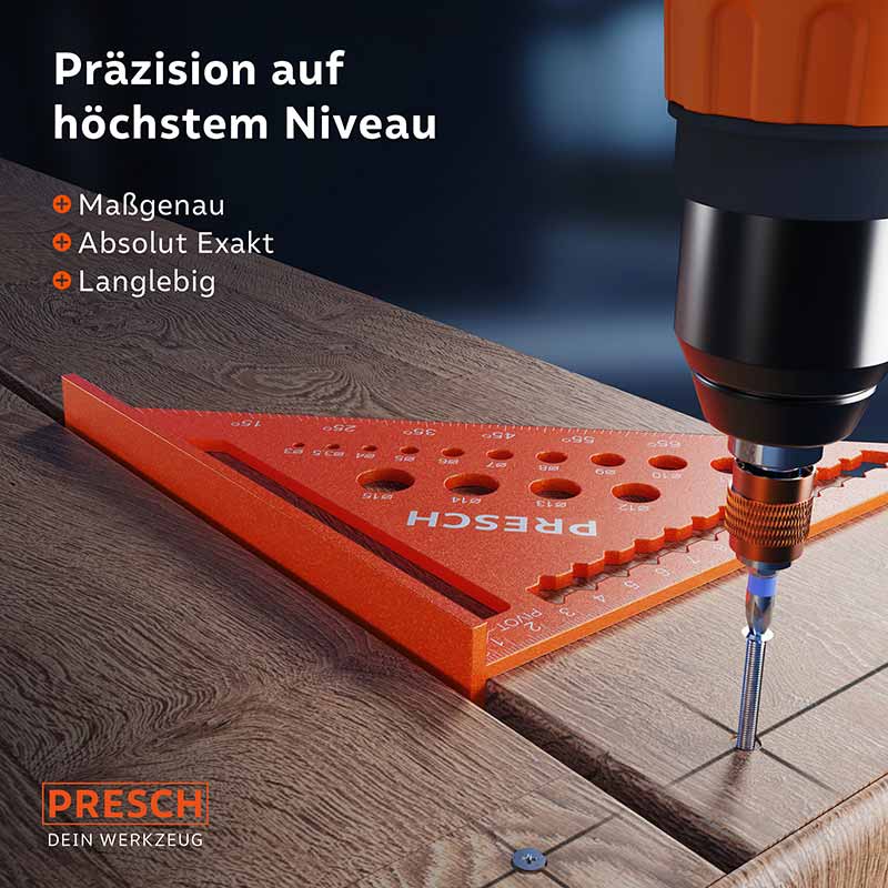 PRESCH Zimmermannswinkel 180mm mit Bohrlehre auf Holzuntergrund neben akkurater Bohrmaschine