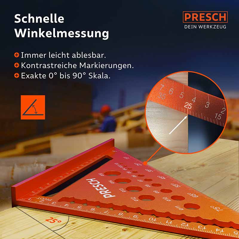 Presch Zimmermannswinkel Set für präzise Winkelmessung und Anzeichnen auf Holzoberflächen.