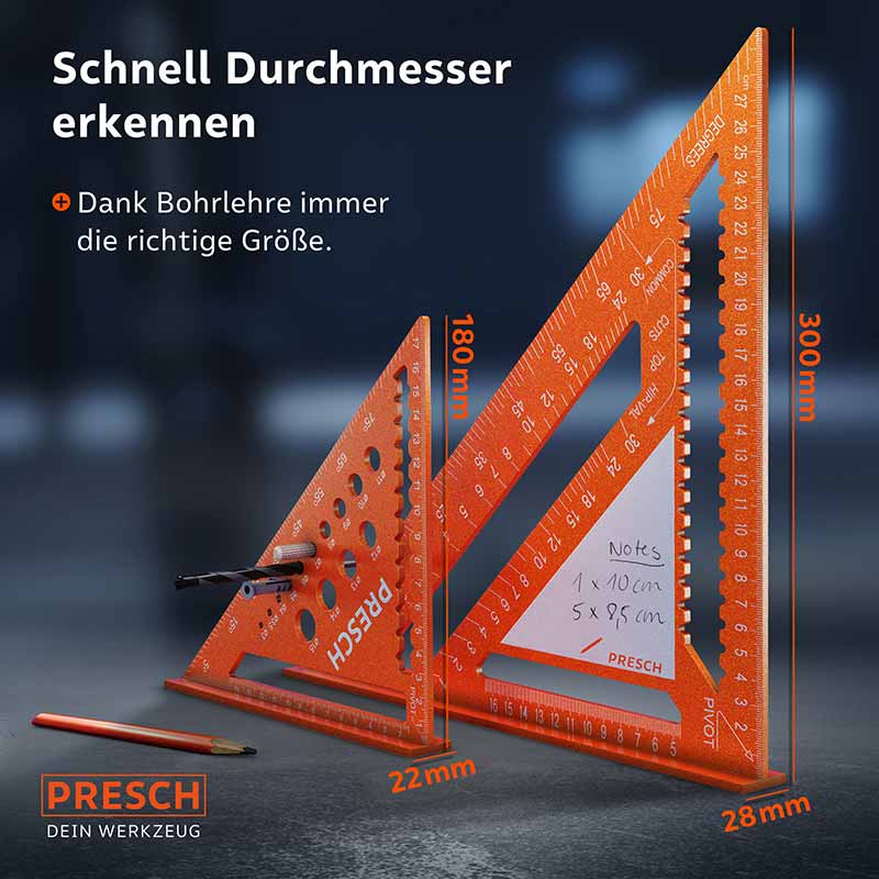 PRESCH timmermanshoekset met 180 mm en 300 mm aanslaghoek en maatschaal, ideaal voor nauwkeurig werken en meten in de timmerwerkplaats en op bouwplaatsen.