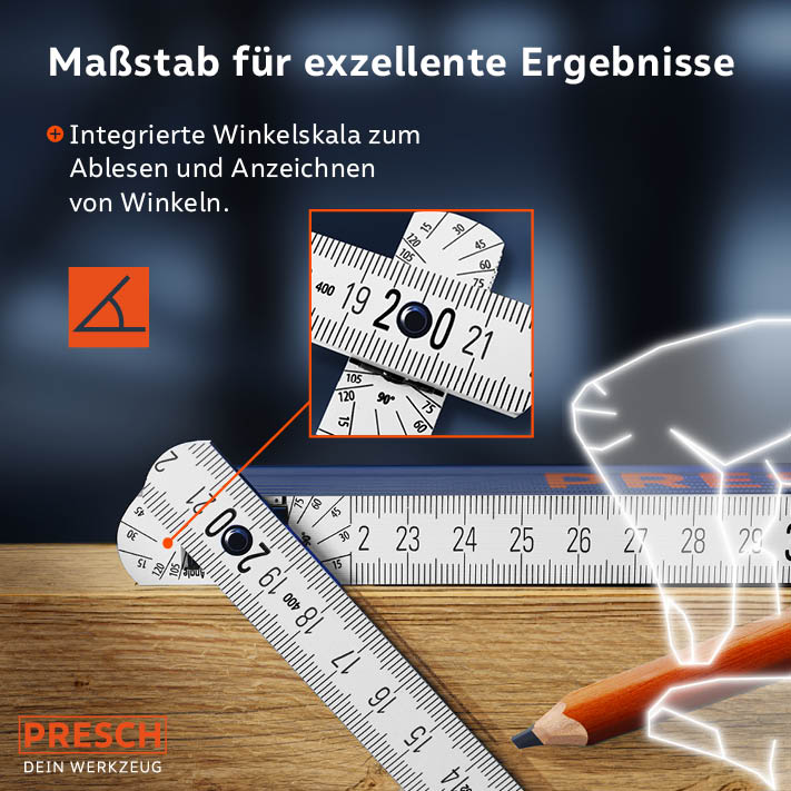 PRESCH mètre ruban 3 m en bleu avec indications de mesures et échelle d’angle intégrée sur fond en bois.