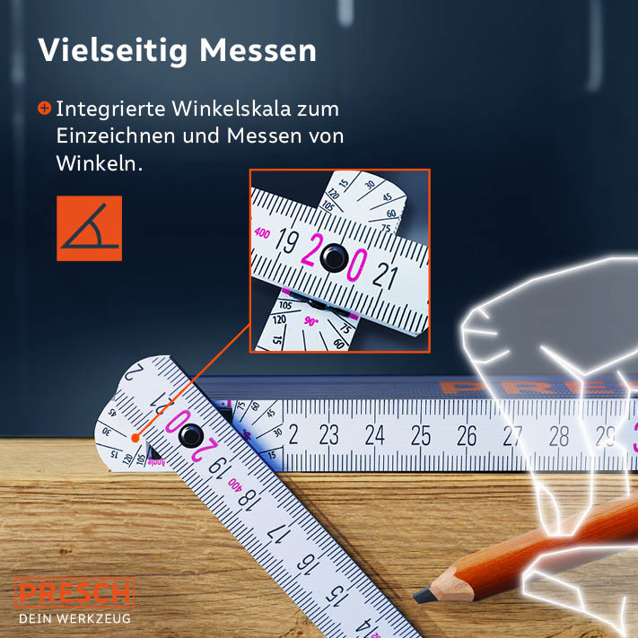 PRESCH Zollstock 2m mit integrierter Winkelskala und Messfunktionen auf Holzuntergrund.