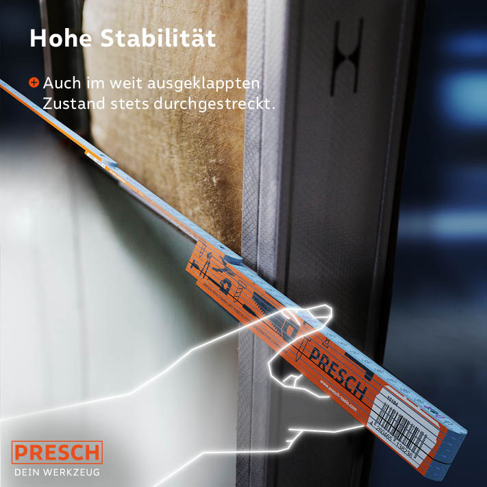 PRESCH Zollstock 2m mit hoher Stabilität, vollständig ausgeklappt und durchgestreckt, Maßstab für Präzisionsmessungen.