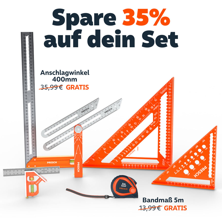 PRESCH Anreiß-Komplettset: Spare 35 % auf dein Set, Anschlagwinkel 400 mm und Bandmaß 5 m gratis