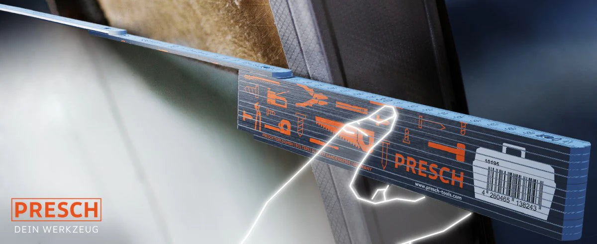 Präzisions-Messwerkzeuge der Marke Presch, einschließlich Maßstab und Lineal, für handwerkliche Arbeiten..