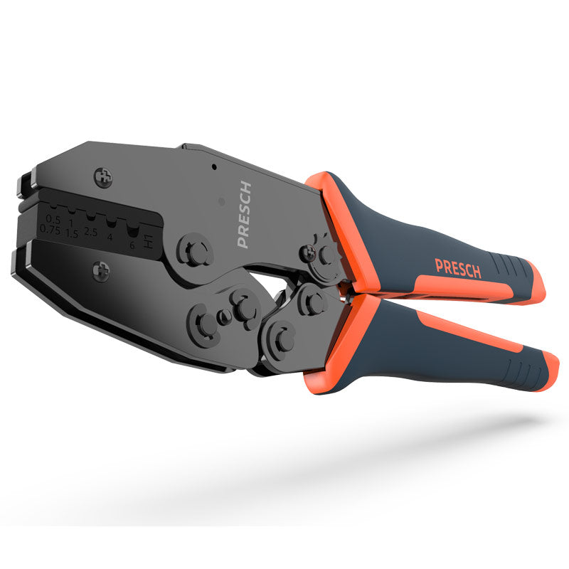 Presch Crimpzange für Aderendhülsen mit orangen Griffen auf weißem Hintergrund