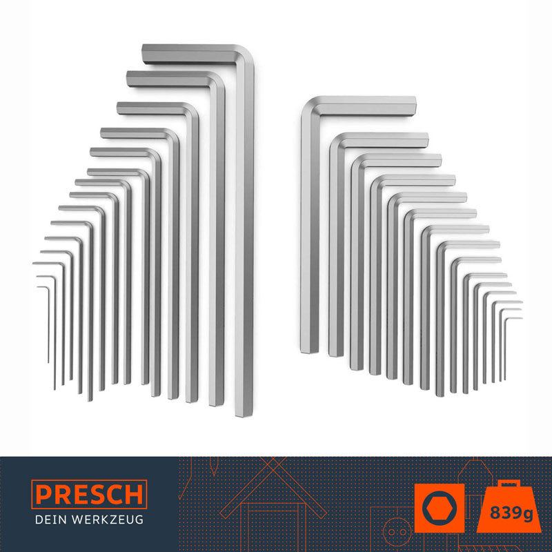 PRESCH inbussleutelset, inclusief verschillende maten inbussleutels en inbussleutels, op een witte achtergrond.