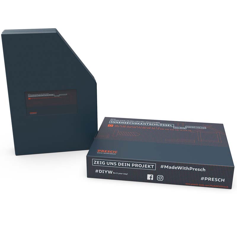 Innensechskantschlüssel Set von Presch in metrischen und Zollgrößen, abgebildet in stylischer Verpackung mit Markenbranding