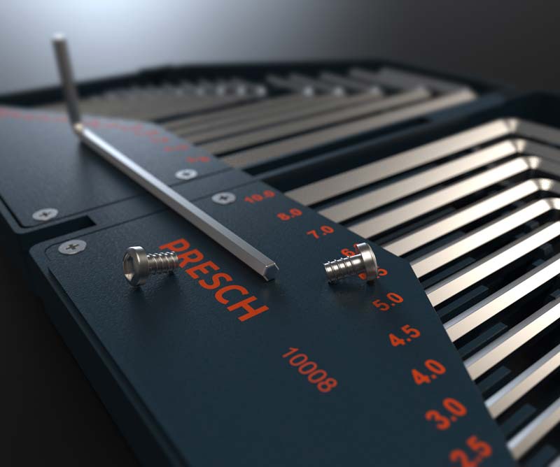 PRESCH Innensechskantschlüssel Set in metrischer und Zoll-Größe mit verschiedenen L-förmigen Hebeln und präzisen Schlüsselweiten.