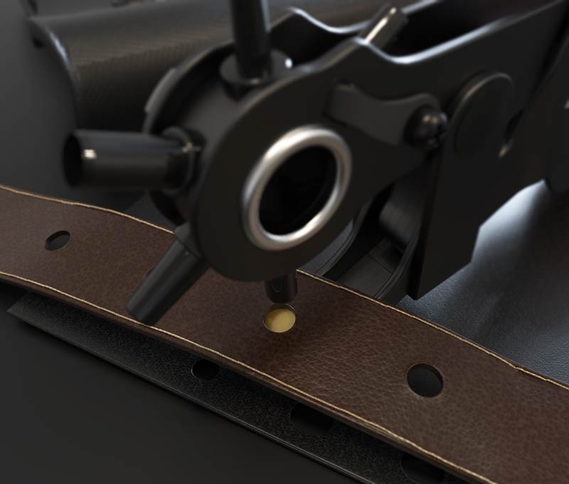 Lochzange mit Hebelübersetzung von PRESCH beim Lochen von Leder, Nahaufnahme einer Revolverlochzange