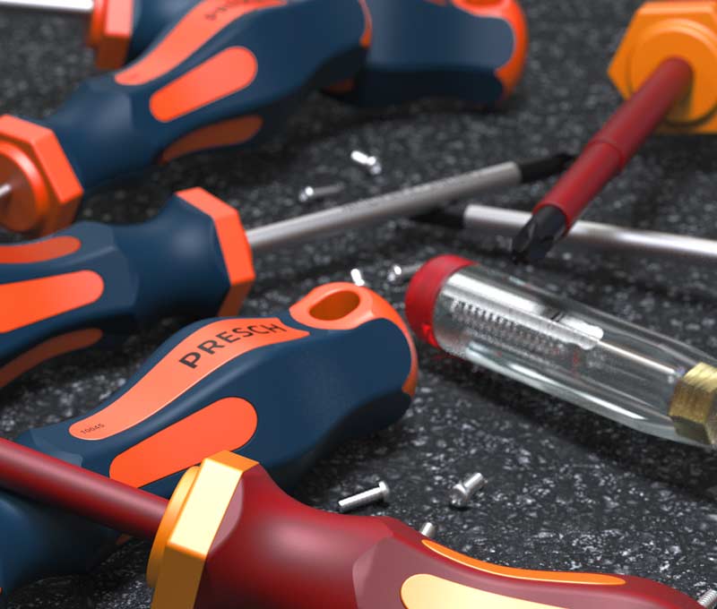 PRESCH Schraubendreher Set mit Kreuzschlitz und Schlitzschraubenziehern auf einer Werkbank