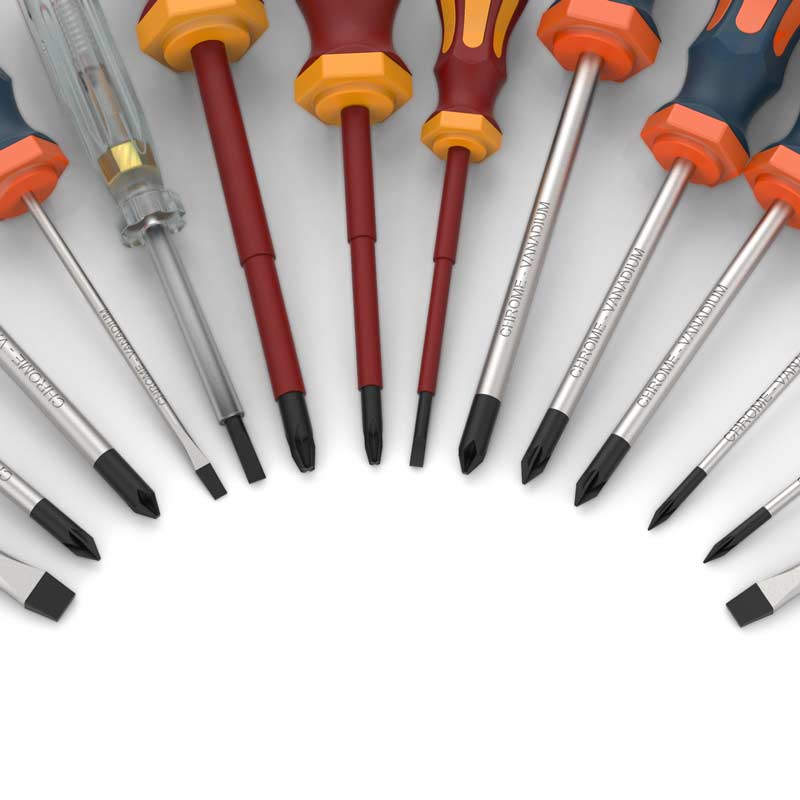 Presch Schraubenzieher Set mit verschiedenen Schlitz- und Kreuzschlitzschraubendrehern auf weißem Hintergrund.