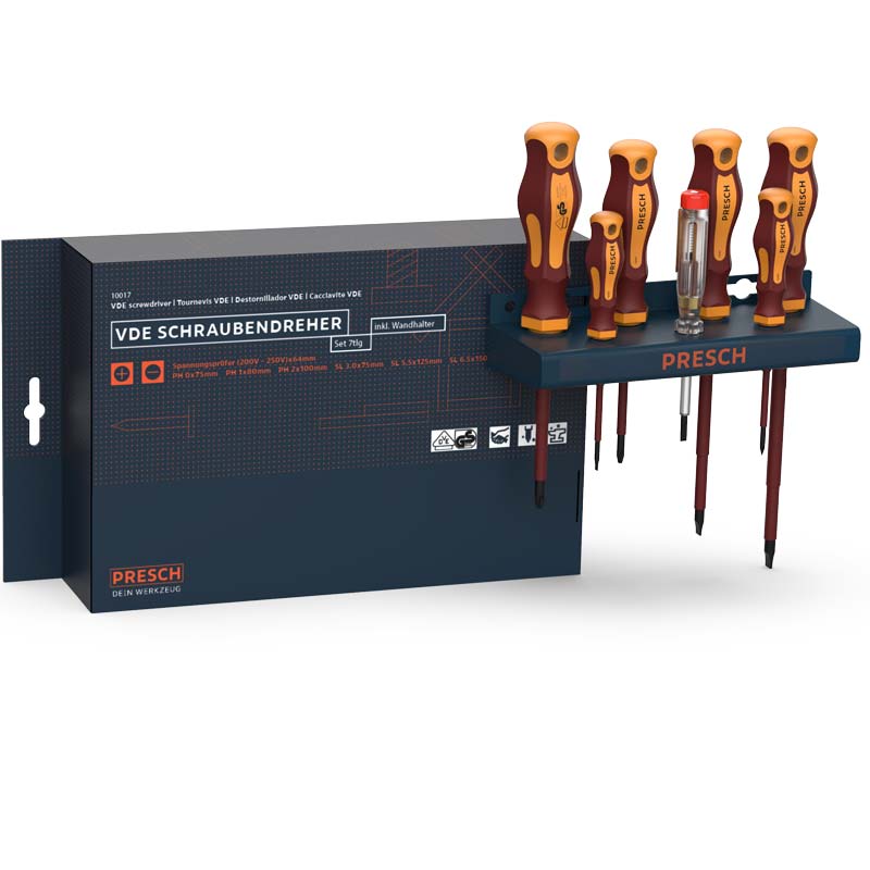 Set mit VDE-Schraubendrehern von PRESCH, isolierte Schraubenzieher, elektrotechnisches Werkzeug