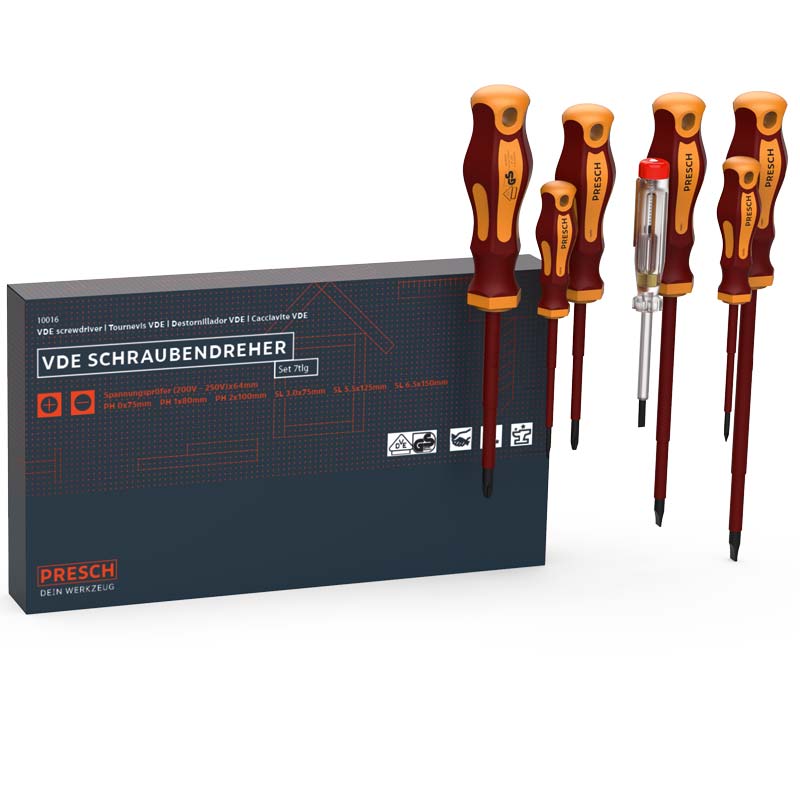 VDE Schraubendreher Set von PRESCH mit isolierten Griffen und verschiedenen Schlitz- und Kreuzschlitz-Schraubenziehern.