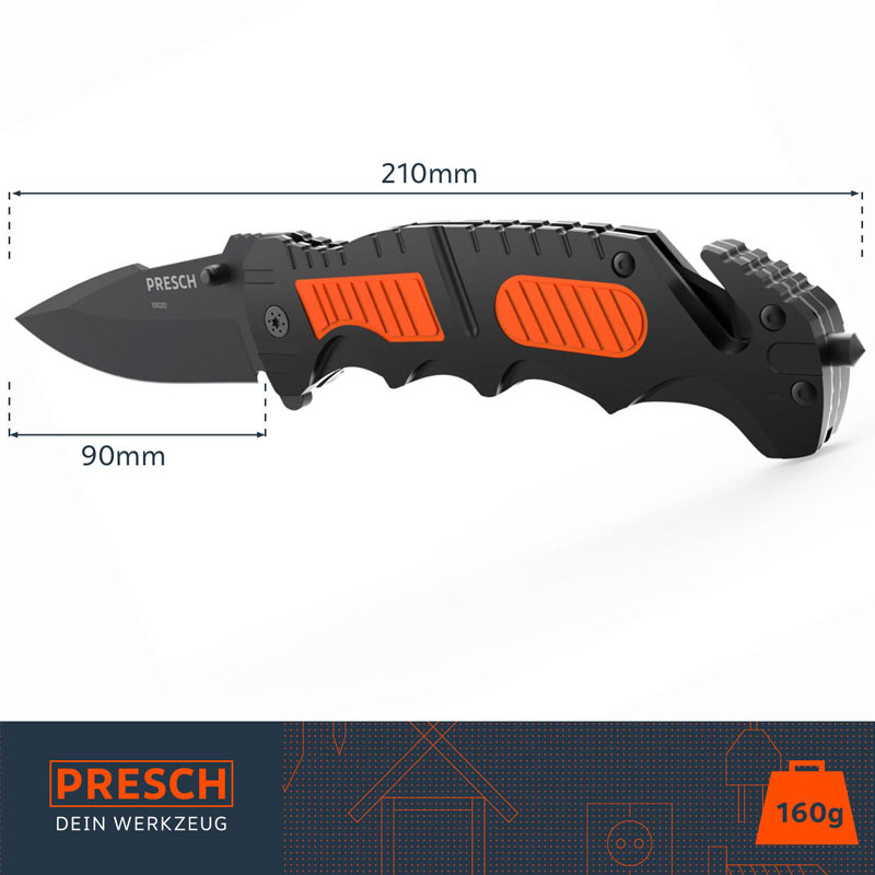PRESCH Klappmesser mit Maßangaben und Gewicht, Taschenmesser in Schwarz-Orange