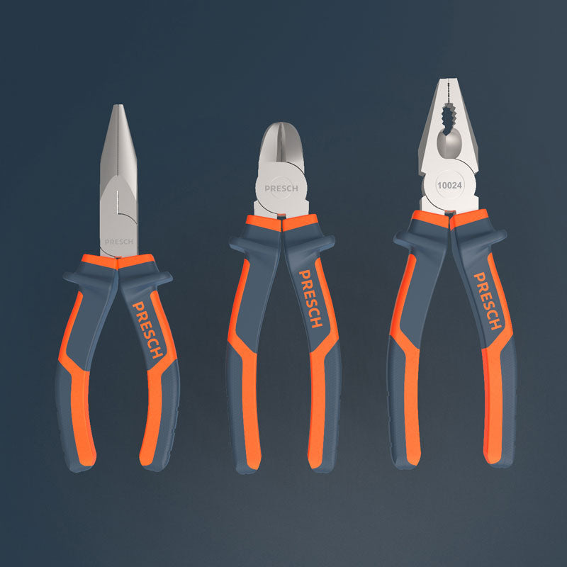 Zangen von Presch, inklusive Kombizange und Seitenschneider, auf dunkelblauem Hintergrund