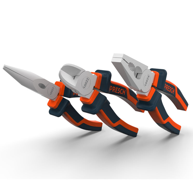 Presch Zangen Set bestehend aus Kombizange, Spitzzange und Wasserpumpenzange mit ergonomischen Griffen.