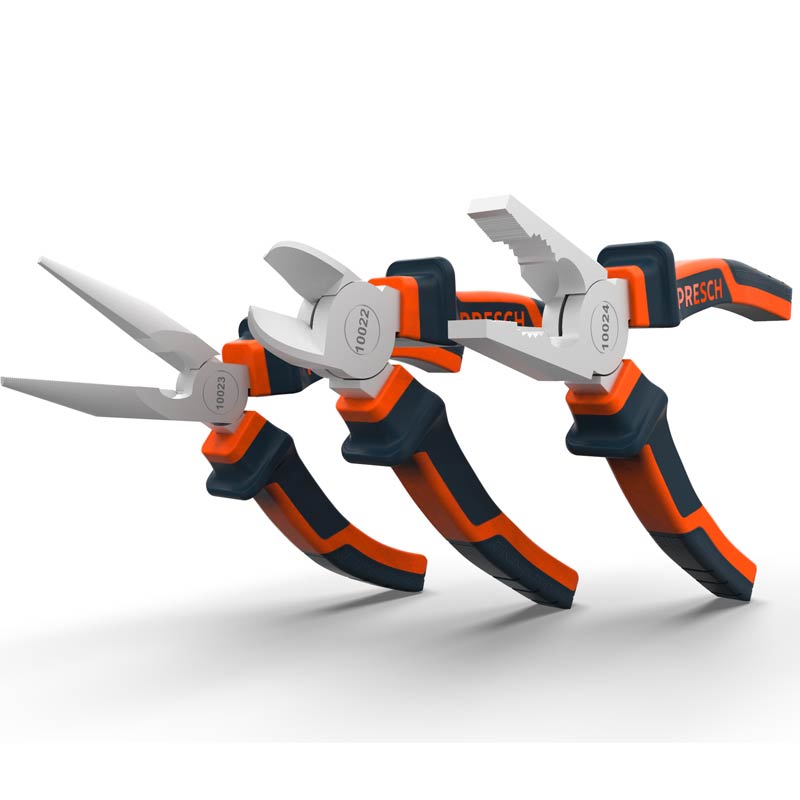 Zangen Set von PRESCH mit verschiedenen Zangenschlüsseln und Greifwerkzeugen auf weißem Hintergrund