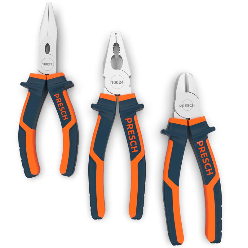Presch Zangen Set mit Kombizange, Seitenschneider und Spitzzange in Orange und Blau.