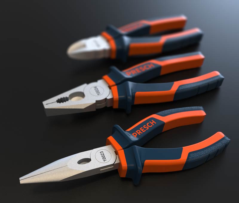 Presch Zangen Set mit Kombizange, Spitzzange und Seitenschneider auf dunklem Hintergrund.