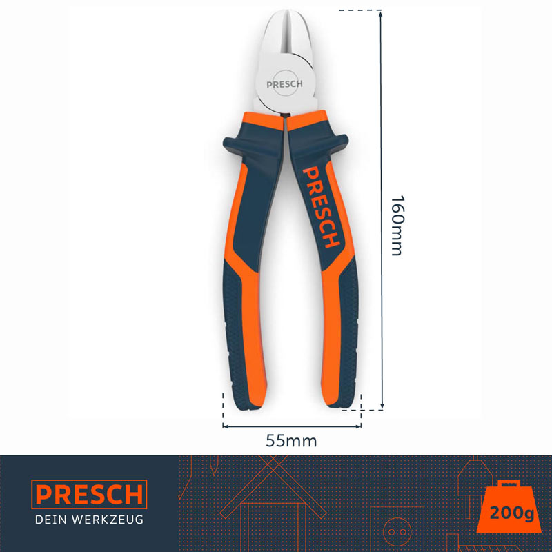 Presch Seitenschneider Orange-Schwarz mit präzisionsgeschliffenen Schneidkanten und ergonomischen Griffen.