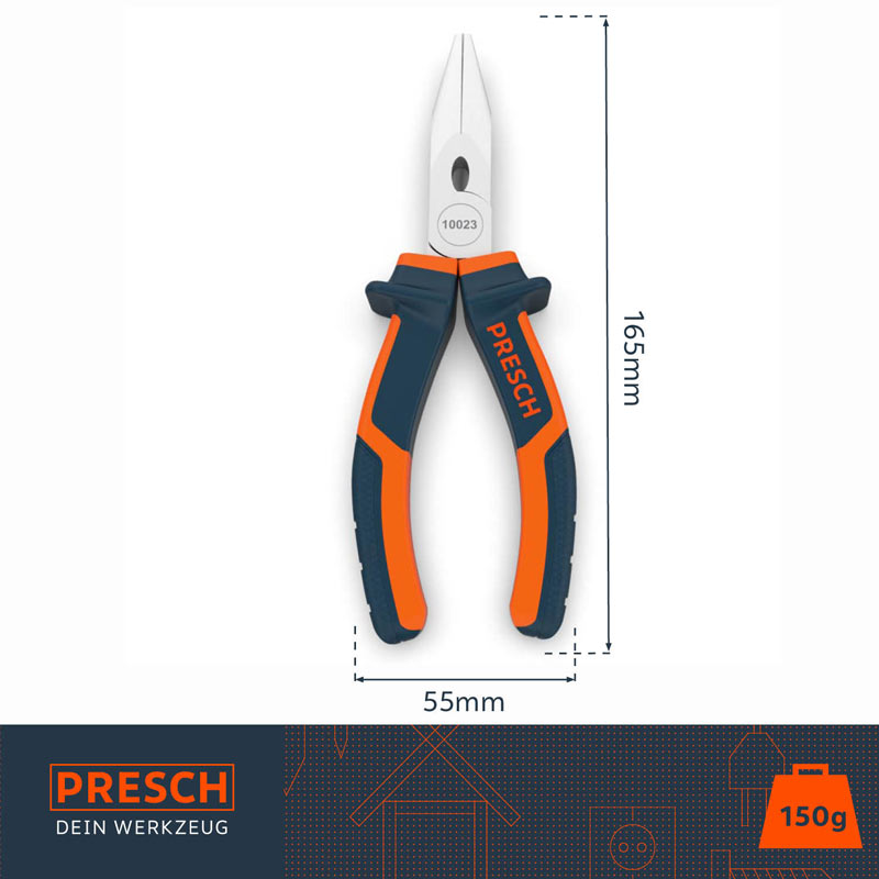 PRESCH Spitzzange mit ergonomischen Griffen und Maßangaben für präzise Handwerksarbeiten und Elektronik.
