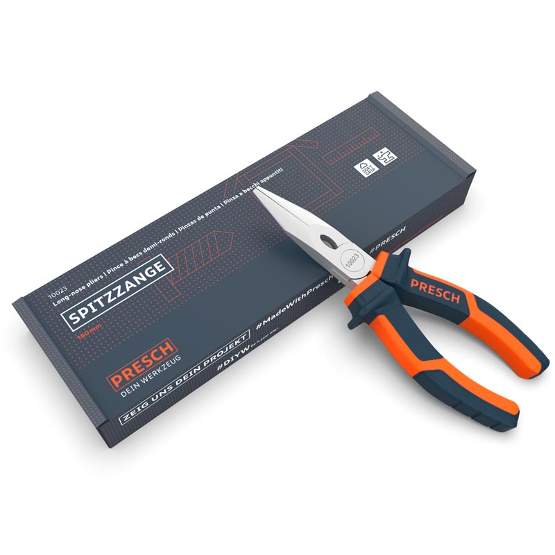 PRESCH Spitzzange 160mm neben ihrer Verpackung, hochwertige Zange für Präzisionsarbeiten