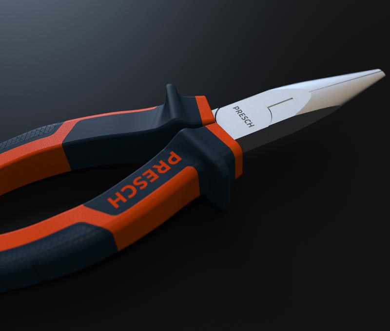 PRESCH Spitzzange 160mm in Nahaufnahme auf dunklem Hintergrund, hochwertige Greifzange und Zangenwerkzeug.