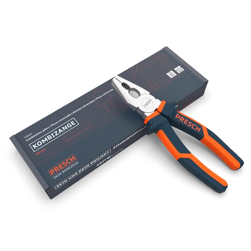PRESCH Kombizange 180mm neben Verpackung mit vielseitigen Funktionen wie Schneiden und Greifen