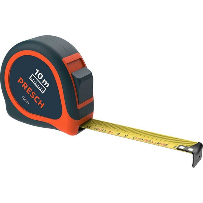 PRESCH Bandmaß 10m ausziehbar mit robustem Gehäuse und Messband.