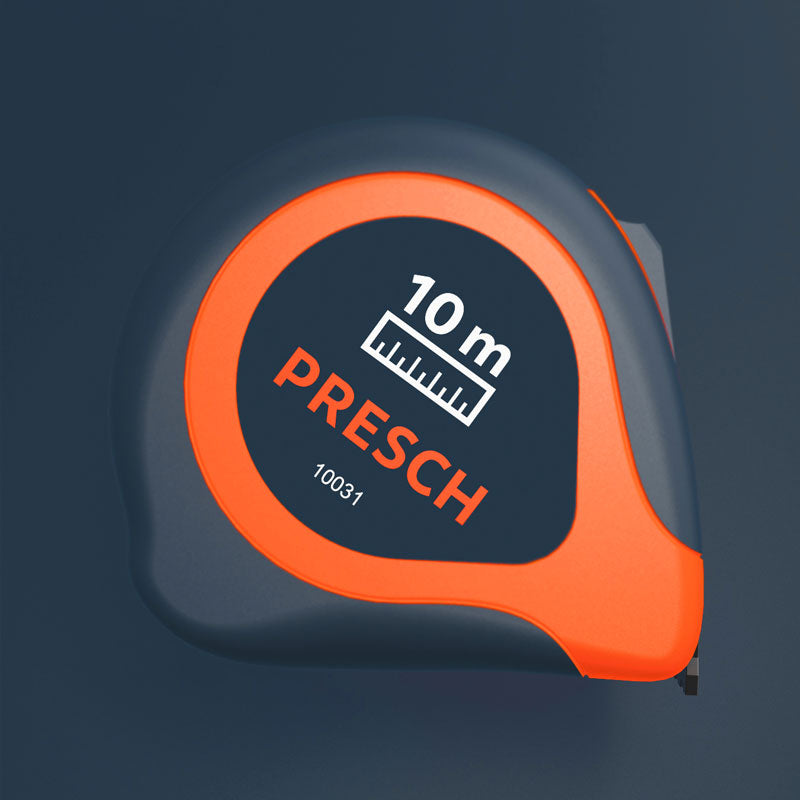 PRESCH Maßband 10 Meter mit Produktcode 10031 auf dunkelblauem Hintergrund, Rollmaßband, Messwerkzeug.
