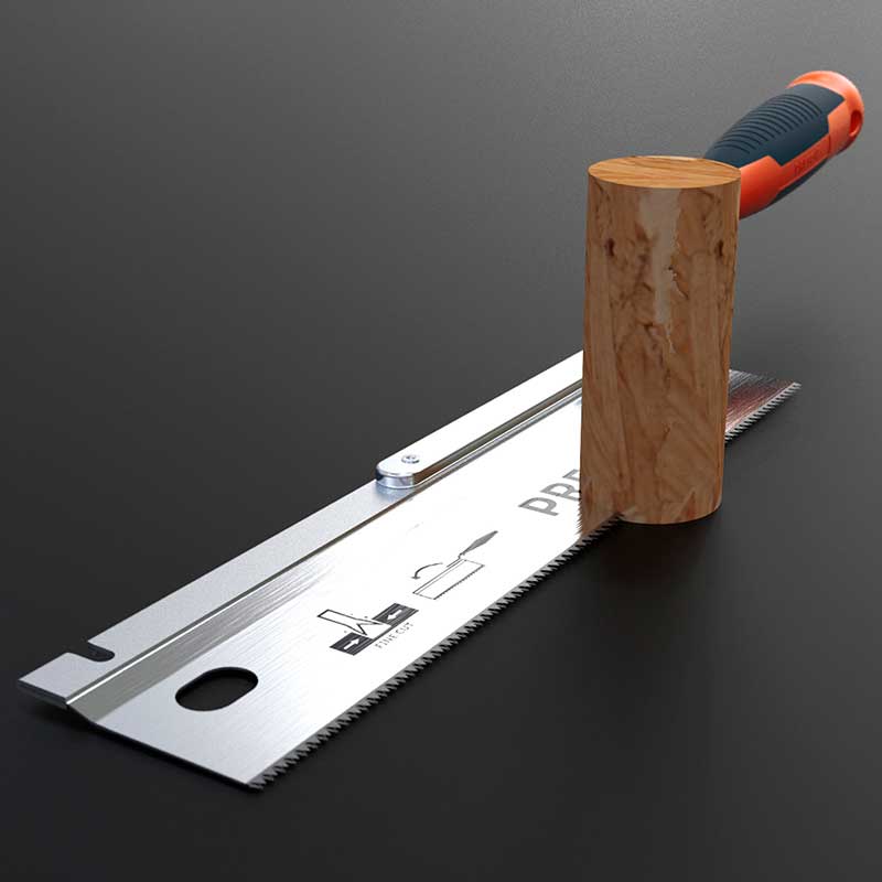 Feinsäge von PRESCH auf dunklem Untergrund mit scharfen Zähnen und ergonomischem Griff