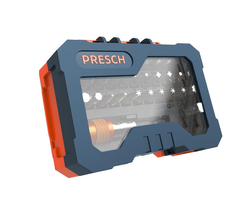 PRESCH Bit Set 32-teilig im robusten Koffer mit Bit-Halter und verschiedenen Schraubendreher-Einsätzen.