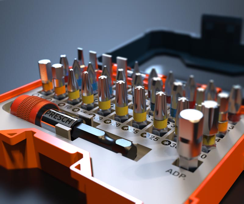 PRESCH Bit Set 32-teilig für Präzisionsarbeit mit verschiedenen Schraubendreher-Einsätzen und Bit-Halter in einer kompakten Box.