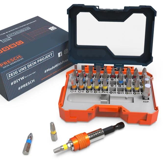 Jeu de 32 embouts PRESCH pour travaux de précision avec tournevis et embouts de qualité professionnelle.