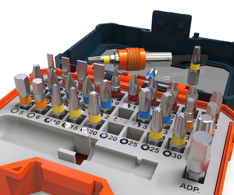 Jeu de 32 embouts PRESCH pour outils de vissage dans coffret.