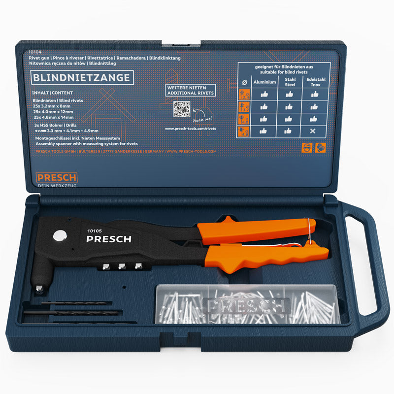 PRESCH Blindnietzange Set in geöffneter blauer Kunststoffbox mit verschiedenen Blindnieten und orangen Griffen.