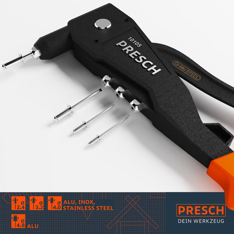 PRESCH Blindnietzange 10105 mit verschiedenen Blindnieten für präzises Vernieten und Befestigungsarbeiten.