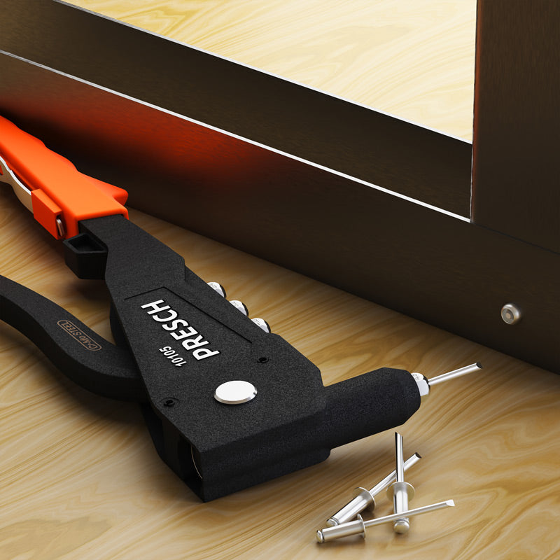 PRESCH Blindnietzange auf Holzuntergrund mit Nietmuttern und Nietstiften