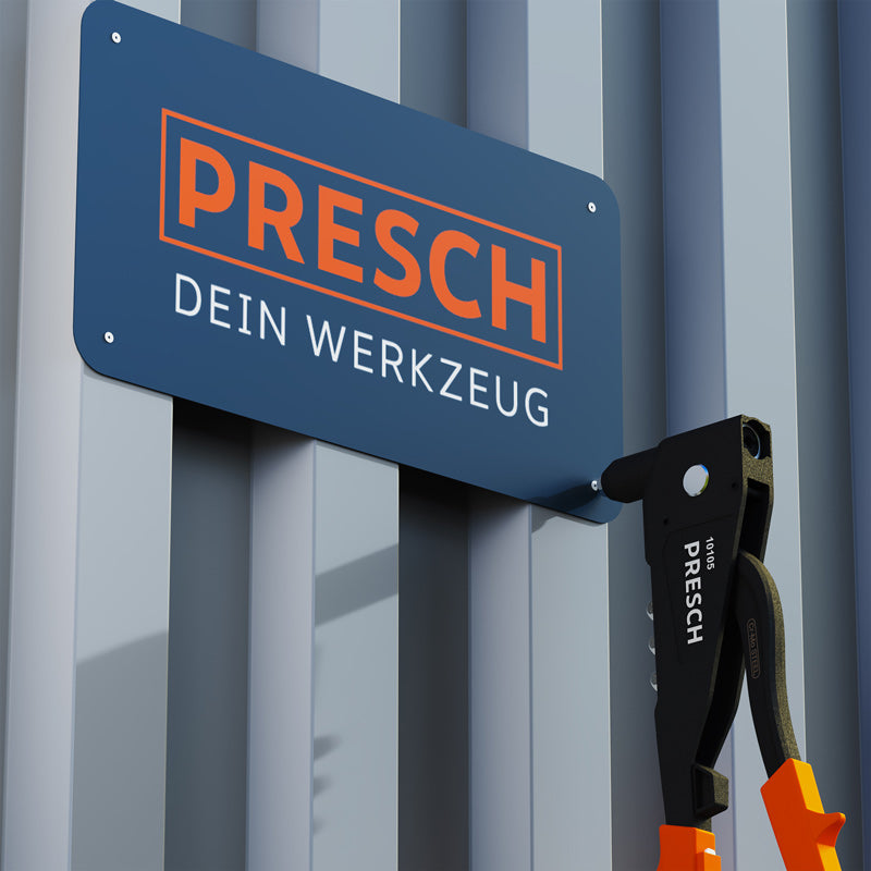 PRESCH Blindnietzange Set an einer Metallwand, hochwertiges Nietwerkzeug und Nietenzange von PRESCH.