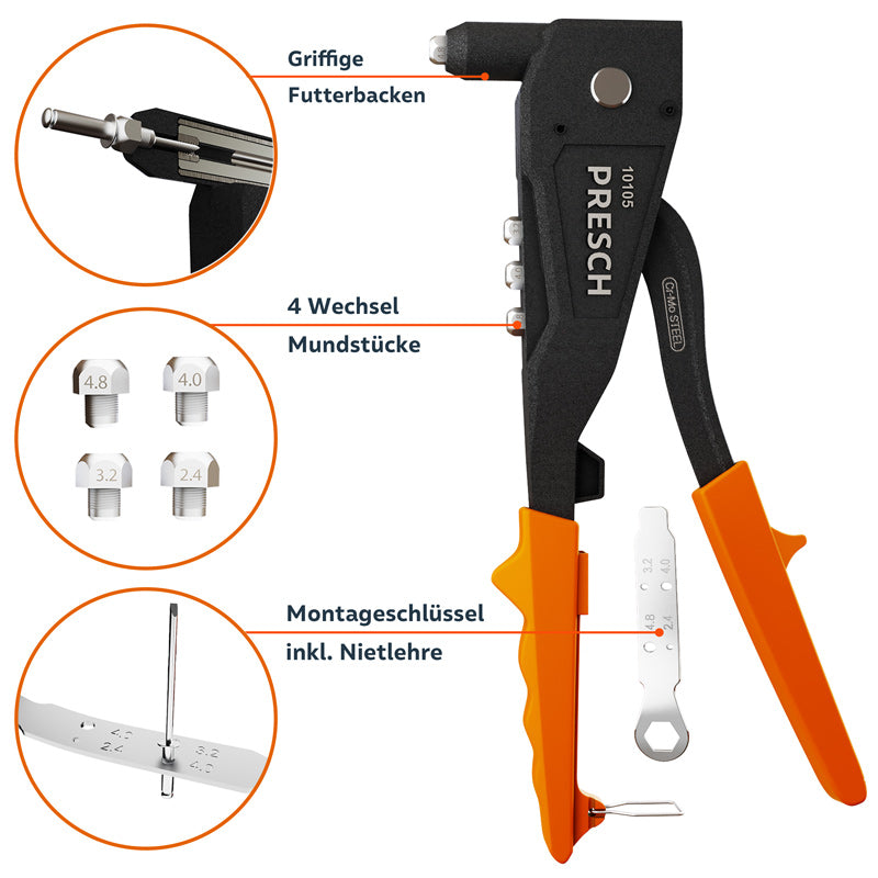 PRESCH Blindnietzange kompakt Modell 10105 mit ergonomischen Griffen und Wechselmundstücken für verschiedene Nietgrößen.