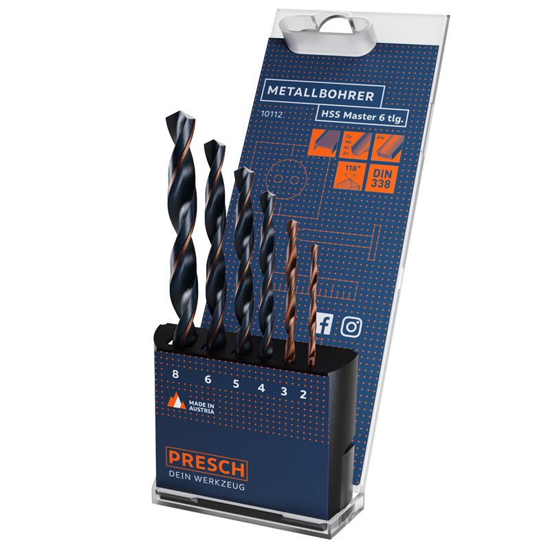 PRESCH Metallbohrer-Set 6-teilig HSS Master in Verpackung mit Spiralbohrer und Bohrer für Metall.