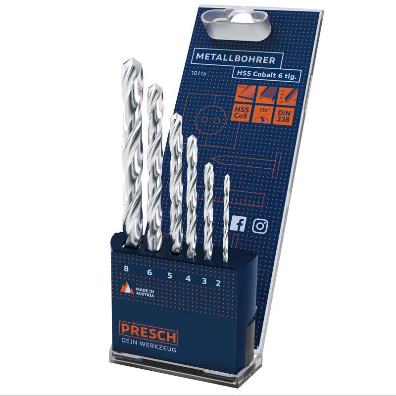 PRESCH Cobalt Metallbohrer Set 6-teilig für präzises Bohren in Metall, Spiralbohrer und HSS Bohrer in blauer Verpackung