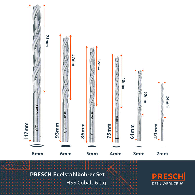 Sechsteiliges PRESCH Metallbohrer Set aus HSS Cobalt, Spiralbohrer in verschiedenen Größen